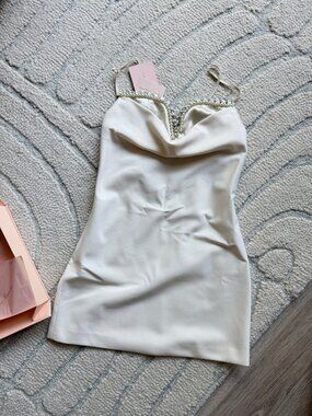 Nana Jacqueline Elsie Dress White Satin Pearl Crystal Mini NWT